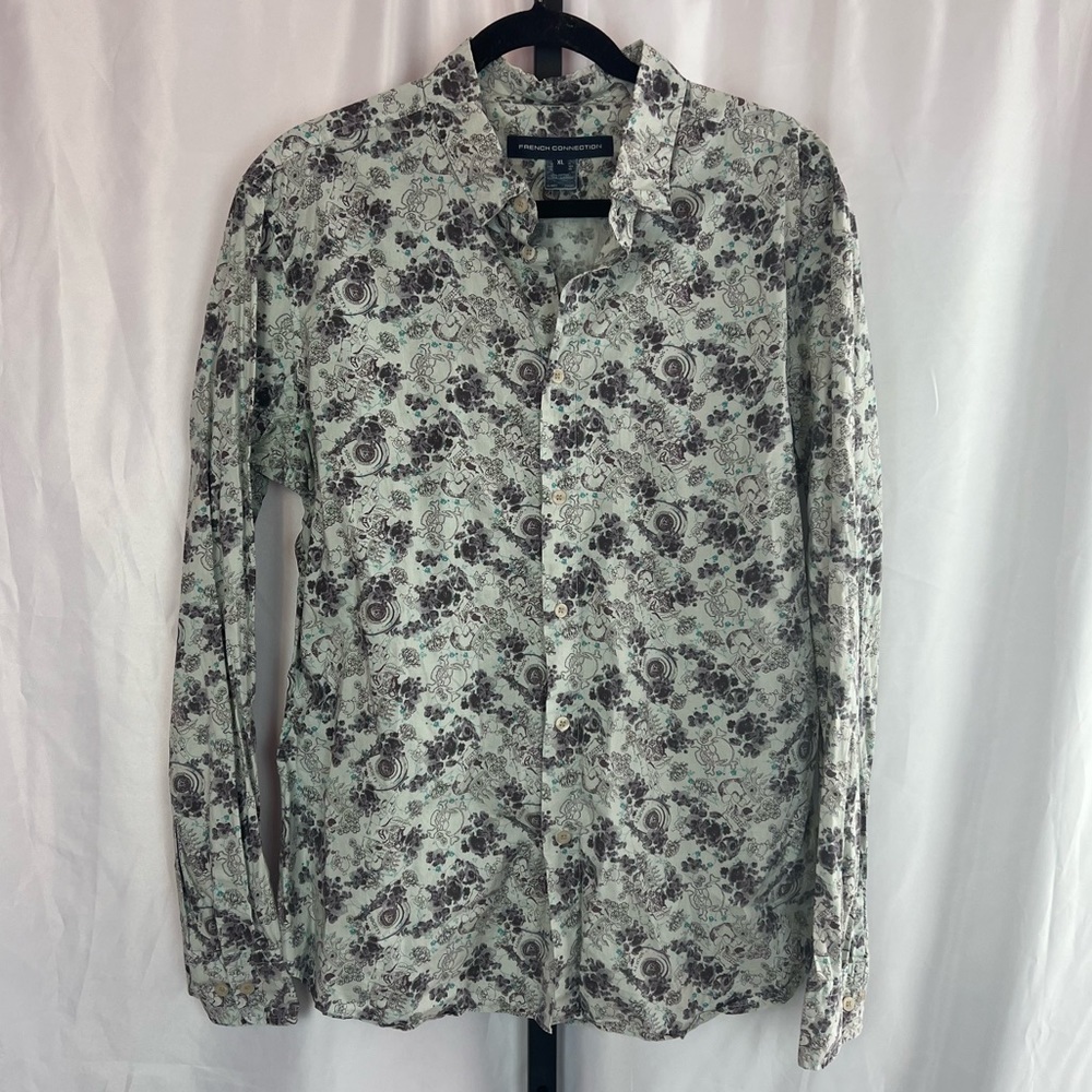 French Connection White Skull and Floral Print Button Up Shirt, size XL
